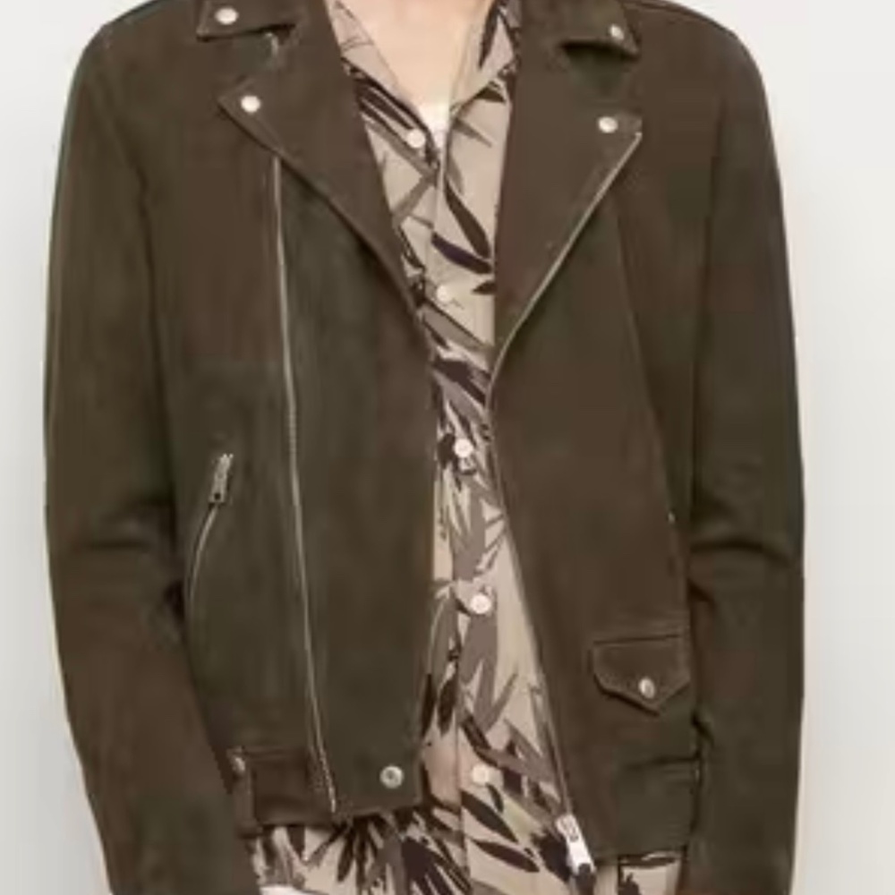 ALL SAINTS Milo Khaki Brown Soft Suede Leather Unisex Moto Biker Jacket Size S